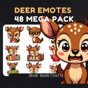 48 Cute Deer Emotes Pack for Twitch & Discord, Fawn Emotes, Twitch Emojis, Chibi Emotes, Icon Bundle, Kawaii Emotes, Channel Points, Stream