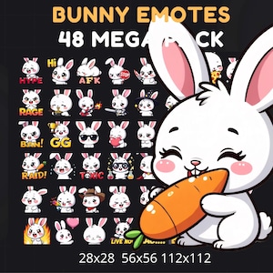 48 Bunny Emotes Twitch Emotes Pack, Twitch Emojis, Cute Emoji Bundle, Custom Kawaii Emotes, Stream Assets, Chibi Emotes, Channel Point Icons