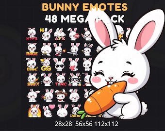 Bunny Emotes Pack, Kawaii Chibi Twitch Emojis (48 Pieces)