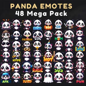 Peut inclure: Ensemble de 48 émoticônes pandas avec diverses expressions et bulles de texte. Les pandas sont noirs et blancs, avec des mots comme "LOL", "HYPE" et "SAD". Le texte "PANDA EMOTES 48 Mega Pack" est affiché en haut.