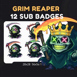 May include: Digital art featuring a cartoon Grim Reaper with a crown, holding a flaming scythe. The image includes 12 sub badges with variations of the Grim Reaper. Text reads "GRIM REAPER 12 SUB BADGES".