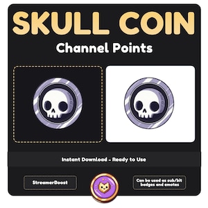 Op de afbeelding: Een digitale illustratie van een schedelmunt met een zwarte achtergrond. De munt is zilverkleurig met een paars schedelontwerp. De tekst "SKULL COIN" is geel en de tekst "Channel Points" is wit. De tekst "Instant Download - Ready to Use" is wit. De tekst "StreamerBoost" is wit. De tekst "Can be used as sub/bit badges and emotes" is wit.
