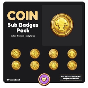 Golden Coin Twitch Sub Badges 8+2 Pack | Kawaii Streamer Subscriber Badges & Custom Channel Points Icons | PNG Digital Download for Twitch