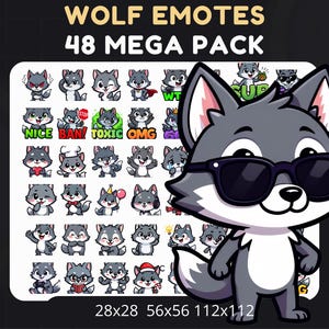 Peut inclure: Un ensemble de 48 émoticônes de loup dans un méga pack. Les émoticônes de loup de dessin animé présentent diverses expressions et poses, comme porter des lunettes de soleil, tenir un cœur et porter un chapeau de Père Noël. Le texte comprend "WOLF EMOTES" et "48 MEGA PACK".