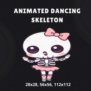 Op de afbeelding: Illustratie van een geanimeerd dansend skelet met een witte schedel, grote ogen en een roze strik. Het skelet draagt een roze tutu en heeft roze blosjes. De afbeelding bevat de tekst "ANIMATED DANCING SKELETON" en afmetingen.