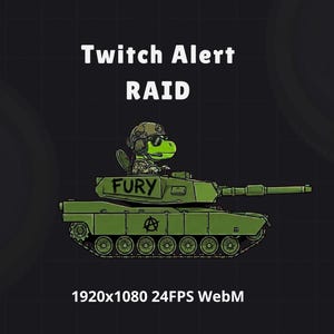 Può includere: Un carro armato verde dei cartoni animati con la scritta "FURY" sul lato e un personaggio verde dei cartoni animati con un elmetto all'interno. Le parole "Twitch Alert RAID" sono in alto. La parte inferiore dell'immagine contiene il testo "1920x1080 24FPS WebM".