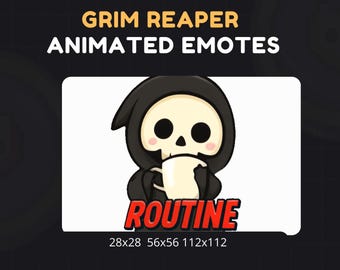 Puede incluir: Emoticono animado con un personaje de la Muerte de dibujos animados con una túnica con capucha negra, sosteniendo una taza. La palabra "ROUTINE" se muestra en texto rojo. La imagen también incluye el texto "GRIM REAPER ANIMATED EMOTES".