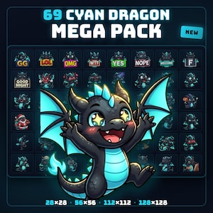 May include: A digital collection titled 69 CYAN DRAGON MEGA PACK featuring a grid of small dragon illustrations with various expressions and text overlays, centred by a large, cheerful black dragon with cyan wings and star-shaped eyes.