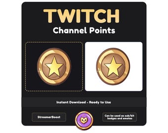 Puede incluir: Una ilustración digital de una moneda de oro con una estrella en el centro. La moneda está sobre un fondo negro y un fondo blanco. El texto "TWITCH Channel Points" está en la parte superior de la imagen. El texto "Descarga instantánea - Listo para usar" está debajo de las monedas. El texto "StreamerBoost" está en un botón debajo del texto. El texto "Se puede usar como insignias y emoticonos de sub/bit" está en un botón debajo del texto.