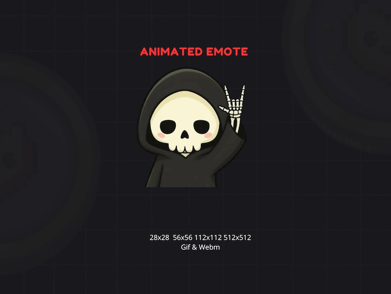May include: Animated emote featuring a cartoon grim reaper with a skull face and black hooded cloak. The reaper is giving a rock and roll hand gesture. The text "ANIMATED EMOTE" is in red at the top.