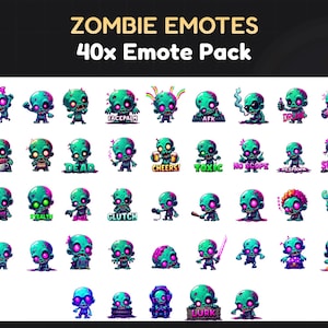 May include: A collection of 40 zombie-themed emotes. Each emote features a cartoon zombie with a teal head, purple eyes, and various expressions. Text includes "Hype", "Facepalm", "Dead", "Cheers!", "Toxic", "No Scope", "Sweaty", "Stealth", "Clutch", "Ggez", and "Lurk".