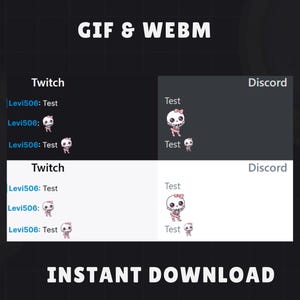 May include: A digital graphic with the text "GIF & WEBM" and "INSTANT DOWNLOAD". The image features Twitch and Discord layouts with a skeleton character with a pink bow. The layouts are in black and white.