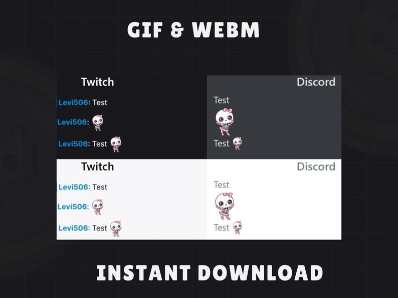 May include: A digital graphic with the text "GIF & WEBM" and "INSTANT DOWNLOAD". The image features Twitch and Discord layouts with a skeleton character with a pink bow. The layouts are in black and white.