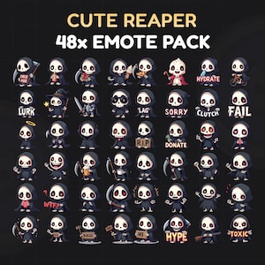 Puede incluir: Una colección de 48 emoticonos de segador lindos en una variedad de poses y expresiones. Cada segador se representa con una capa con capucha negra y una cara de calavera. El texto incluye "CUTE REAPER" y "48x EMOTE PACK".