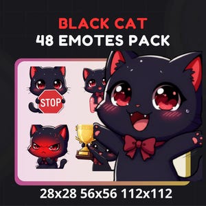 Könnte beinhalten: Digitalgrafik einer schwarzen Katze mit roten Akzenten und großen Augen. Das Bild enthält den Text "BLACK CAT 48 EMOTES PACK" und verschiedene Katzen-Emotes mit unterschiedlichen Ausdrücken. Die Bildgrößen sind 28x28, 56x56 und 112x112 Pixel.