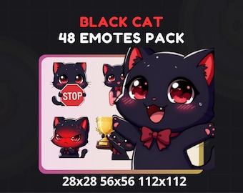48 Kawaii Black Cat Emotes with Red Bow – PNG Icons Bundle for Streamers