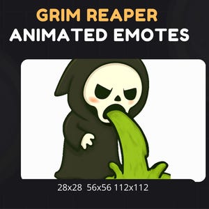 May include: Animated emote featuring a cartoon Grim Reaper in a black hooded cloak, expelling green vomit. The image includes the text "GRIM REAPER ANIMATED EMOTES" and size dimensions: 28x28, 56x56, and 112x112 pixels.