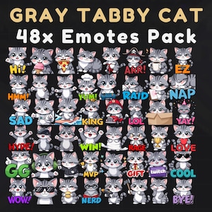 Gray Tabby Cat Twitch Emotes - Custom Emote Bundle for Gaming Streamers, 48 Unique Digital Emoticons, Cartoon Style Emotes Pack