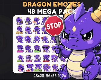 48 Purple Dragon Twitch Emotes, Chibi Streamer Emoji Bundle