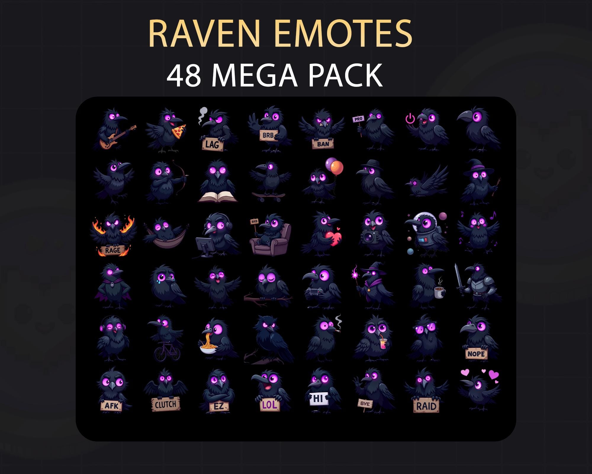 Black Raven (48pcs) With Purple Eyes Emote Pack, Kawaii Crow Emotes for ...