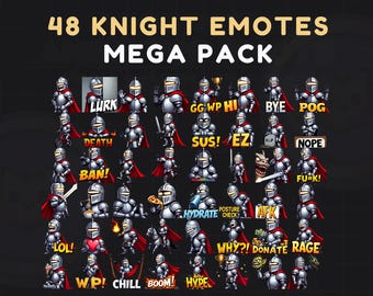 Puede incluir: Un conjunto de 48 emoticonos de caballero, cada uno con armadura plateada y capa roja, en varias poses y expresiones. El texto incluye "LURK", "GG WP HI", "BYE", "POG", "DEATH", "SUS!", "EZ!", "BAN!", "FU#K!", "HYDRATE", "AFK", "LOL!", "WHY?!", "DONATE", "RAGE", "WP!", "CHILL", "BOOM!", y "HYPE".