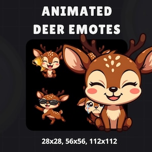 May include: Animated deer emotes in various poses. The image features a large, smiling deer with brown fur, antlers, and pink cheeks. Smaller deer emotes show different expressions, including one with sunglasses and another holding a trophy. Text at the top reads "ANIMATED DEER EMOTES."