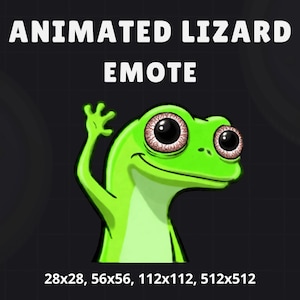 May include: A cartoon-style animated lizard emote in shades of green, with large, expressive eyes and a friendly wave. The text "ANIMATED LIZARD EMOTE" is displayed above the lizard. The image includes size specifications: 28x28, 56x56, 112x112, 512x512.
