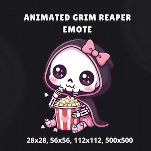 May include: An animated cartoon grim reaper emote. The reaper is wearing a black hooded cloak with a pink bow and skirt. The reaper is eating popcorn from a red and white striped bucket with a heart on it. Text on the image reads "ANIMATED GRIM REAPER EMOTE".