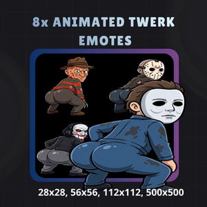 Może przedstawiać: Obraz z czterema postaciami z kreskówek w pozie twerkingu, w tym Freddy Krueger, Jason Voorhees, Michael Myers i Jigsaw. Tekst "8x ANIMATED TWERK EMOTES" znajduje się na górze, z wymiarami na dole.
