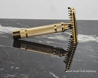 Maquinilla de afeitar de seguridad vintage Gillette "The NEW" de peine largo - Rebañada en oro de 24 quilates