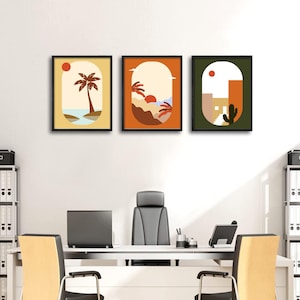 Boho Framed Print Wall Art Set of 3 Tropical Art Print Midcentury Modern Boho Wall Decor Fashion Poster Bedroom Living Room Decor