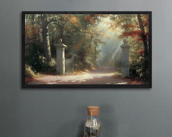 Autumn Landscape Canvas Wall Art, Countryside Gate Painting