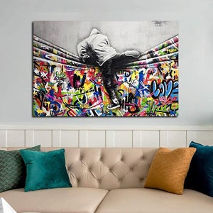 Jumping over Canvas Wall Art Banksy Wall Art Pop Art Cool Poster Cool Art Graffiti Art for Bedroom Livingroom Humor Wall Art
