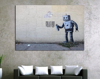 Banksy Robot Barcode Graffiti Art, Modern Canvas Print
