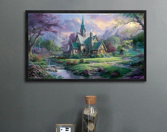 Lienzo de cabaña vintage: decoración de pared con paisaje campestre