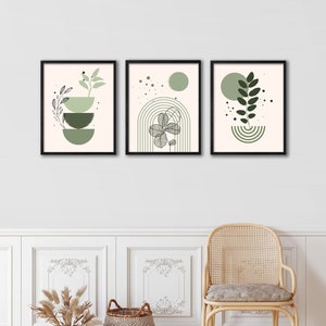Boho Framed Print Wall Art Set of 3 Leaves Art Print Midcentury Modern Boho Wall Decor Fashion Poster Bedroom Living Room Decor