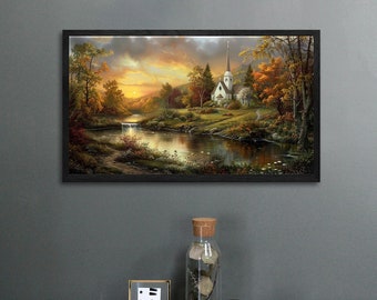 Vintage Countryside Canvas Art, Village and River Landscape