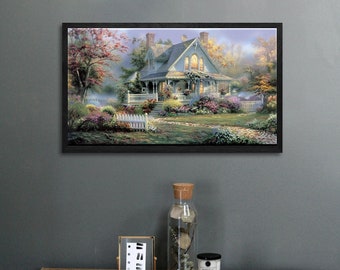 Impresión en lienzo de cabaña, arte mural con paisaje rural vintage