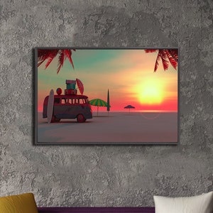 Picnic Car Canvas Wall Art Seaside Landscape Painting Tropical Room Art Landscape Wall Art Ocean Room Art Livingroom Bedroom Art