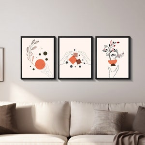 Boho Framed Print Wall Art Set of 3 Leaf Print Midcentury Modern Boho Wall Decor Fashion Poster Bedroom Living Room Decor