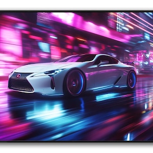 May include: A white sports car speeds down a neon-lit street, with blurred lights in shades of pink, purple, and blue. The car has a sleek design with blue accents on the wheels and headlights.