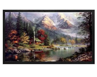 Lienzo de cabaña vintage, decoración de pared con paisaje campestre