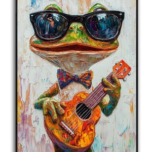 Canvaskunst grappige kikker, kikker gitaarspelen muurkunst, kleurrijke kikker kunst, hedendaagse kunst, kikker poster voor badkamer