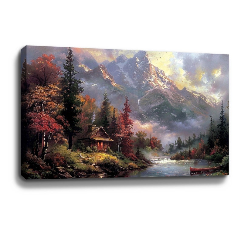 Mountain Cabin Canvas Wall Art Countryside Painting Vintage Cottage ...