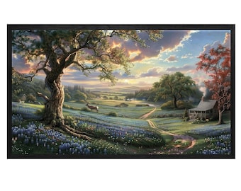 Arte en lienzo de paisaje vintage estilo cottagecore, pintura campestre