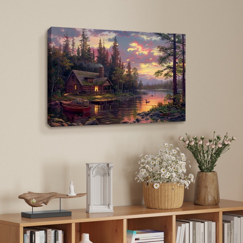 Framed Sunset Cabin Canvas Art, Peaceful Lake Landscape - Etsy