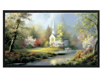 Lienzo de iglesia estilo cottagecore, decoración de pared con paisaje campestre vintage