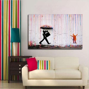 Colorful Rain Banksy Canvas Wall Art Banksy Wall Art Cool Poster Cool Art Pop Art Graffiti Art for Bedroom Livingroom Humor Wall Art