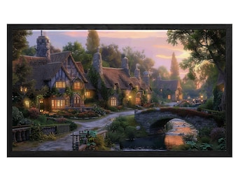 Lienzo de cabaña vintage, pintura de pueblo junto al río, decoración de pared campestre