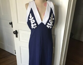 Vintage 1970's Era Ladies' Blue and White Polyester Sleeveless Long Dress